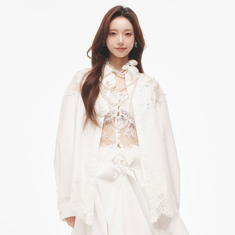 [Same Style as Zhou Ye] Lefame Fashionable White Lace Long Shirt Jacket Top for Women in Sweet Style