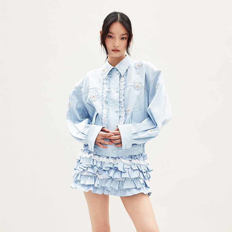 Lefame 2026 Spring Light Blue Ruffle-Decorated Daisy Shirt Jacket