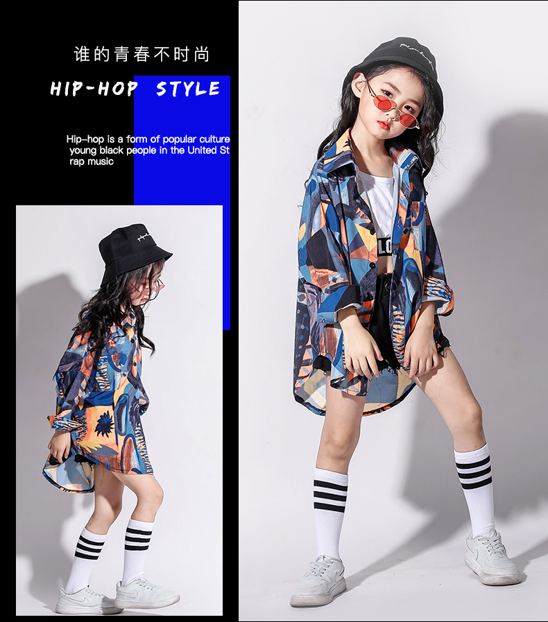 Quần áo khiêu vũ đường phố cô gái Hàn Quốc áo sơ mi hiphop trẻ em trang phục khiêu vũ jazz trang phục giáng sinh trẻ em