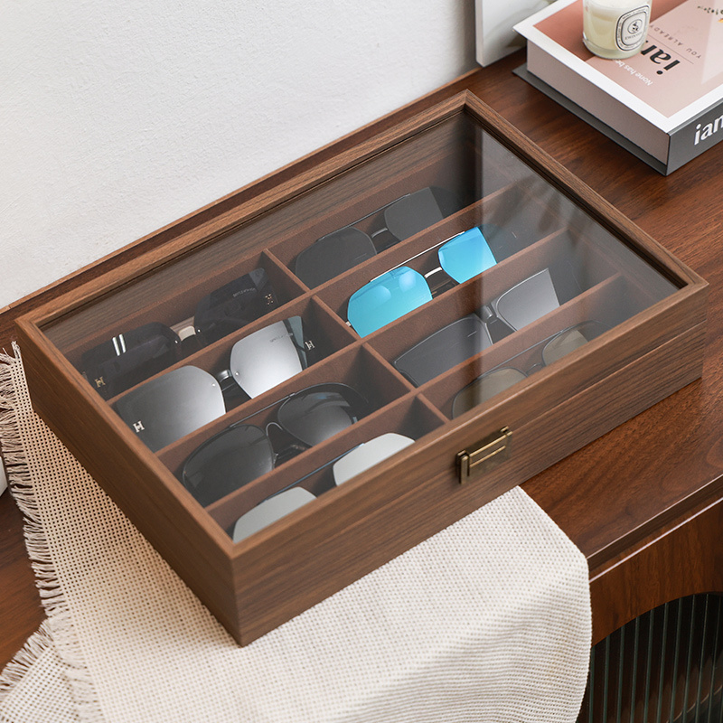 Walnut Wood Grain Glasses Storage Box, Multi-Compartment, Dust-Proof, High-End, Large-Capacity, Sunglasses Collection and Display Box for Home Use Walnut Wood Grain Glasses Storage Box, Multi-Compartment, Dust-Proof, High-End, Large-Capacity, Sunglasses Collection and Display Box for Home Use