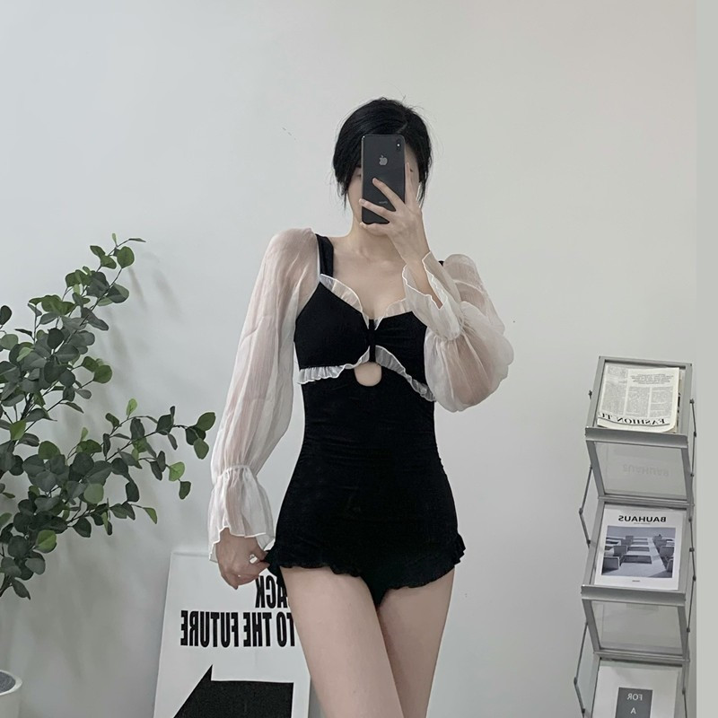 Winter one-piece swimsuit female conservative cover belly slimming 2021 new small chest gathered long-sleeved hot spring swimsuit