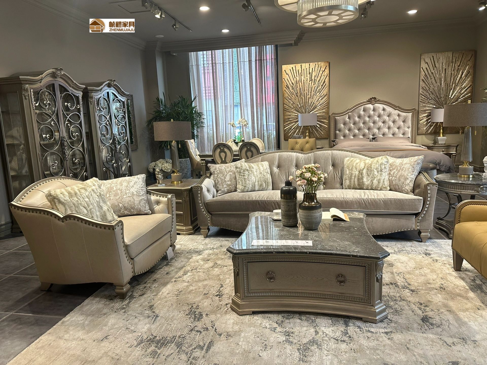 American solid wood sofa ART Tsukiuji Villa Living Room Modern Light Lavish Style Retro Sculpture Flower Solo Trio Sofa-Taobao