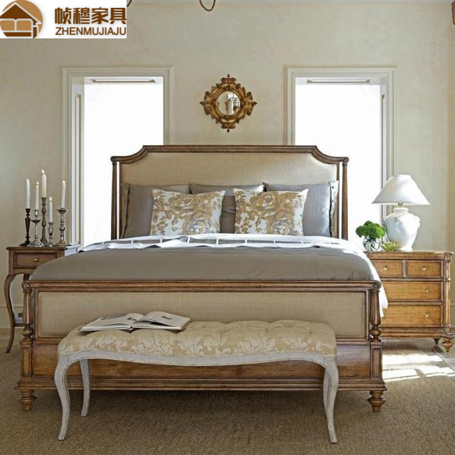 American countryside 1 8 oak wood double full solid wood bed retro to the old style 1 5 solid wood bedside soft bag cloth art bed-Taobao