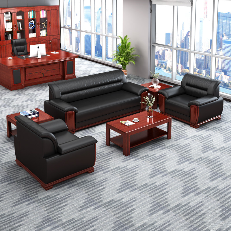 Leather leather art simple modern solid wood office sofa coffee table combination reception hotel hotel lobby business