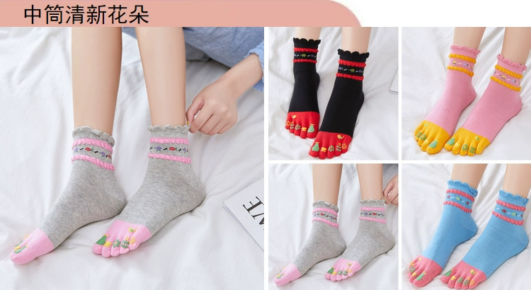 Lan Zixin mùa thu và mùa đông vớ năm ngón của phụ nữ cotton nguyên chất ống giữa hoạt hình dễ thương vớ ống ngắn vớ cotton dày dặn khử mùi thoáng khí