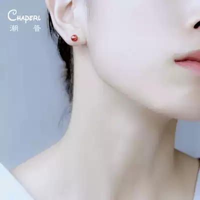 Red Garnet ear needle female 925 sterling silver temperament Korea simple small earlobe suitable for net red ear bone nail