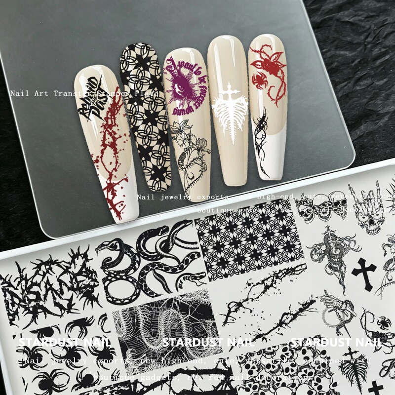Dark Nail Art Cool Print Steel Plate Snake Skull Spider Thorns Cross Nail Transfer DIY Nail Art Tools