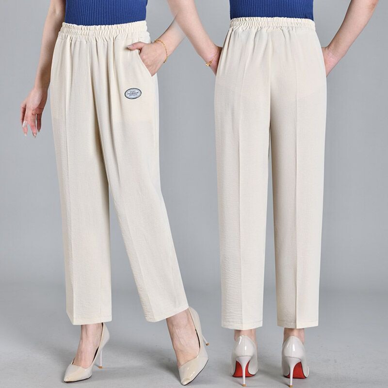 Summer Ice Silk Cropped Pants for Women, Middle-Aged and Elderly, Straight Loose Casual Pants, Elastic High-Waisted Pants, Elastic Waist Mom Pants Summer Ice Silk Cropped Pants for Women, Middle-Aged and Elderly, Straight Loose Casual Pants, Elastic High-Waisted Pants, Elastic Waist Mom Pants