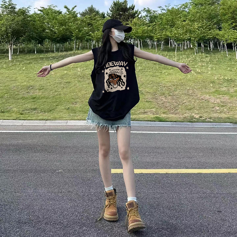 Women's Summer Outerwear Vest 2026 New Black American Style Sports Pure Cotton Top Loose Sleeveless T-Shirt