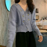 Трикотажный кардиган, утепленный лонгслив, свитер, короткая куртка, оверсайз, V-образный вырез