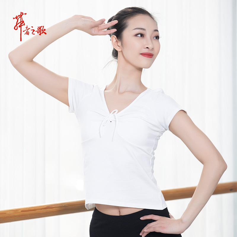 Dance suit short sleeves modern dance practice suit adult ballet V tie bow butterfly tie T - shirt dance coat