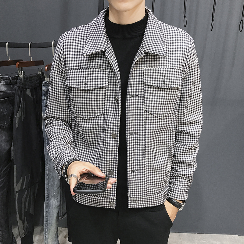 2021 Fall new Korean version of the Thousand Birds Gagger Jackets Male Capo Fashion Blouse Men Personality Plaid Jacket