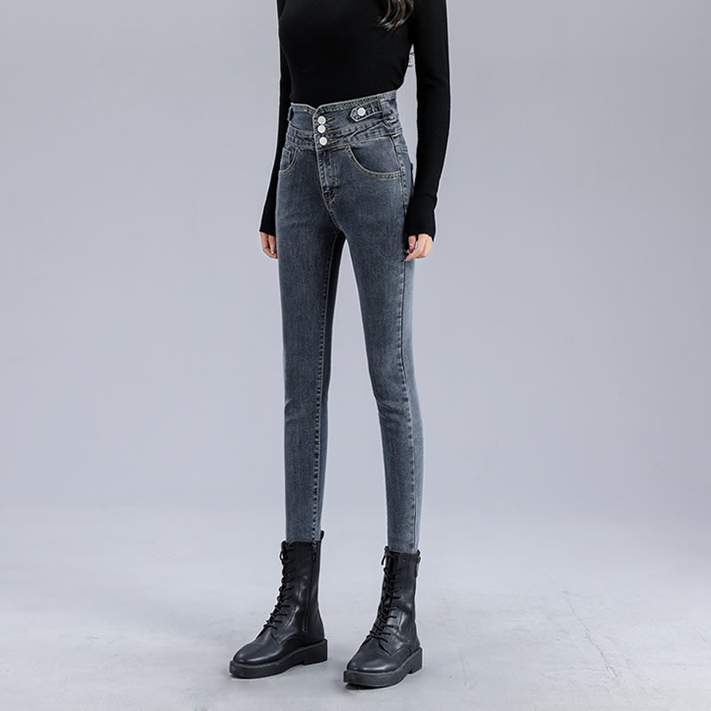 High Waist Jeans Pants Woman Blue Grey Sashimi Slim Fit Slim Fit Height Elastic Pencil Pants Long Pants Fall New