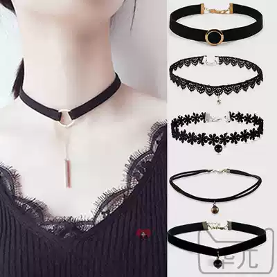 Choker female dark neck strap girl heart tulle style simple wide side domineering round lace tassel necklace