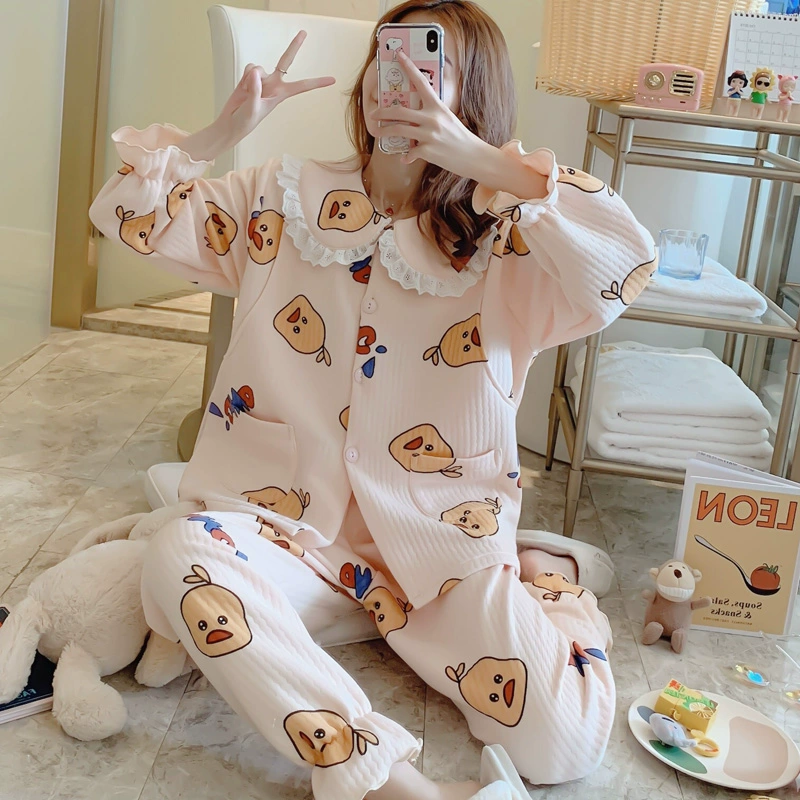 Quần áo giam sau sinh, quần áo cho con bú, bộ đồ ngủ cotton dày không khí dày dặn thu đông của phụ nữ, phụ nữ mang thai - Giải trí mặc / Mum mặc