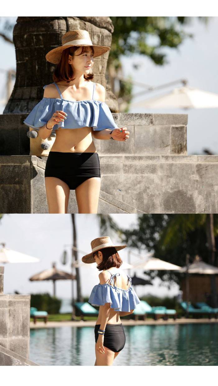 Áo len lông xù màu xanh nước biển cao eo bikini kích thước váy ngực bảo thủ sinh viên spa áo tắm chia - Bikinis