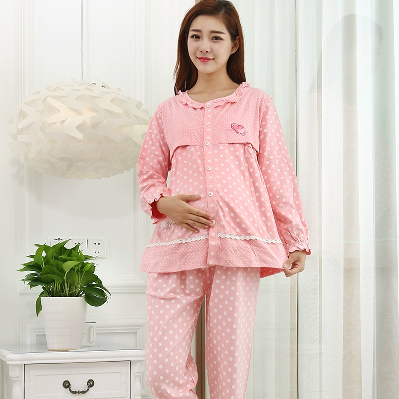 Aiconger quần áo giam giữ mùa xuân và mùa thu bộ đồ ngủ dài tay cotton tinh khiết cho phụ nữ mang thai, đồ ngủ cho con bú sau sinh - Giải trí mặc / Mum mặc