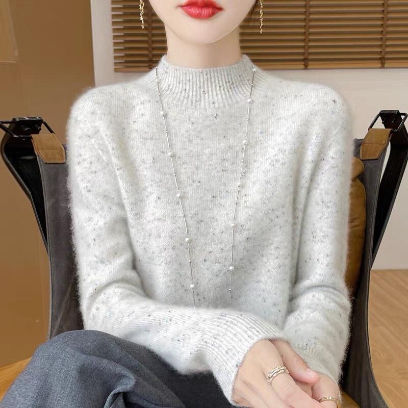 Colorful Dot Yarn New Pure Wool Sweater for Women, Half Turtleneck, Thick Pullover Sweater, Autumn and Winter Inner Wear, Loose Knit Base Shirt