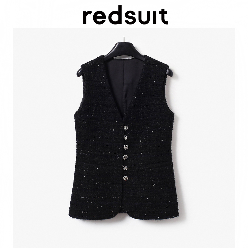 Redsuit Light Luxury Fashion Black Tweed Chanel-Style Slimming Waist-Cinching Sleeveless Vest Top