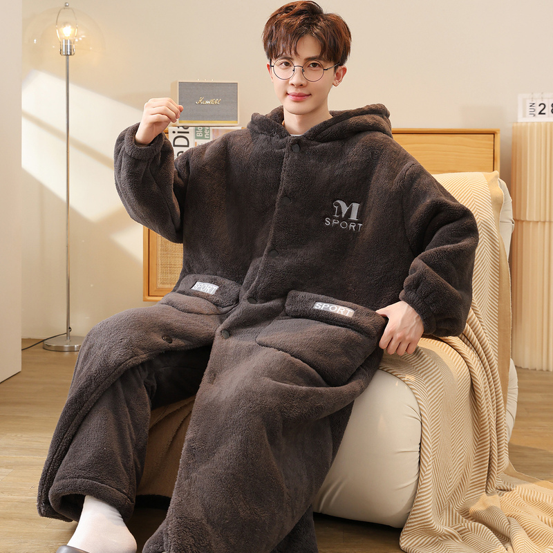 Autumn and Winter Men's Coral Fleece Thickened Plus-Size 100kg Hooded Bathrobe Loose Mid-Length Robe Set