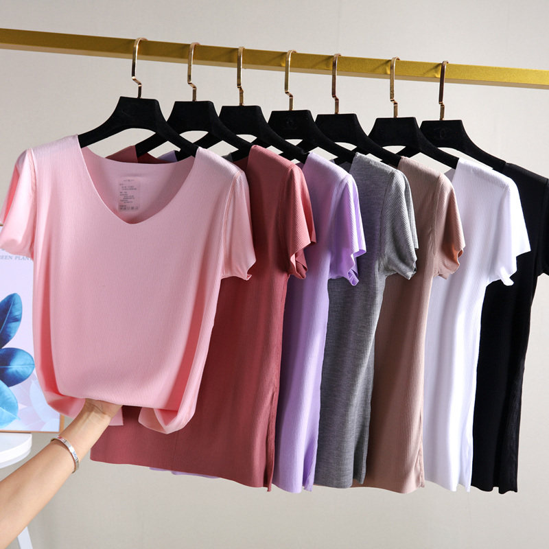 No-mark V collar short sleeve T-shirt female summer spring workout pure color 100 lap V collar bottom cardiovert moDel blouse increase code