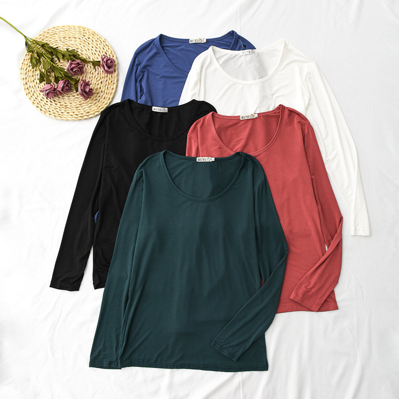 White long sleeve T-shirt female Modale Spring and autumn Korean version of the body slim fit large size pure black 100 hitch bottom-shirt blouse