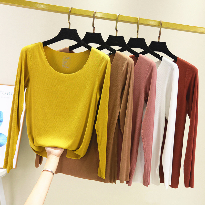 Modale No-mark round collar long sleeve T-shirt woman spring autumn pure color Nehitch body blouse with large size face mask for undershirt