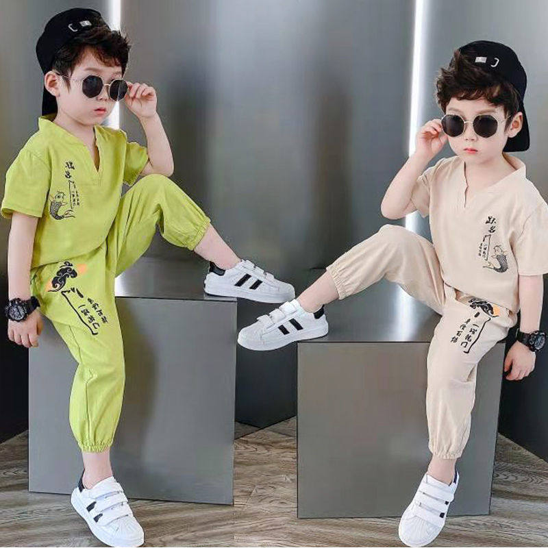 Boys summer cotton and linen suit tide boy two-piece Chinese style 2022 new retro summer Western style boy handsome