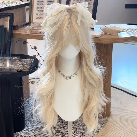 Off-White Wig for Women, Long Hair, Lolita Style, Sweet and Natural, Large Wavy Long Curly Hair, Everyday Air Bangs, Full Head Wig