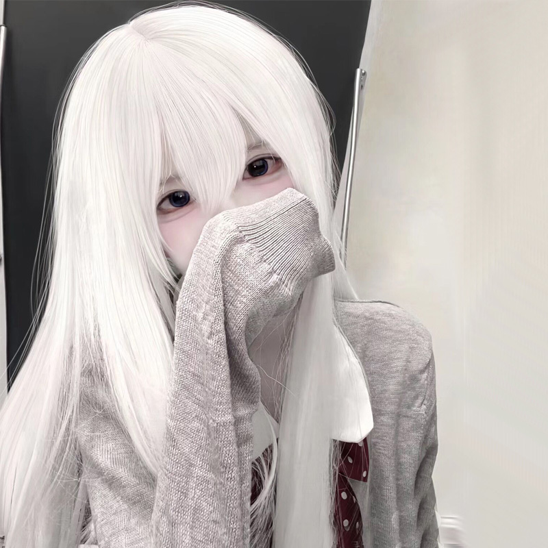White Wig for Women with Long Hair, Round Face, Cosplay, Air Bangs, Long Straight Hair, Lolita, Fluffy, Natural, Realistic Full Wig