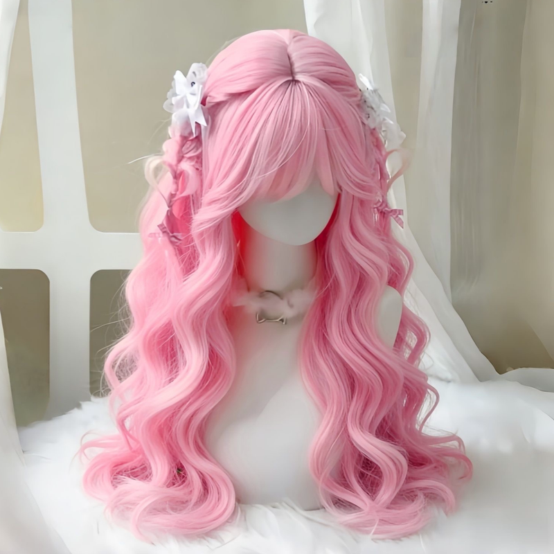 Pink Sweetheart Wig for Women, Lolita Style, Sweet and Natural Long Curly Hair with Bangs, Korean Style, Age-Reducing, Realistic Full Head Wig Pink Sweetheart Wig for Women, Lolita Style, Sweet and Natural Long Curly Hair with Bangs, Korean Style, Age-Reducing, Realistic Full Head Wig