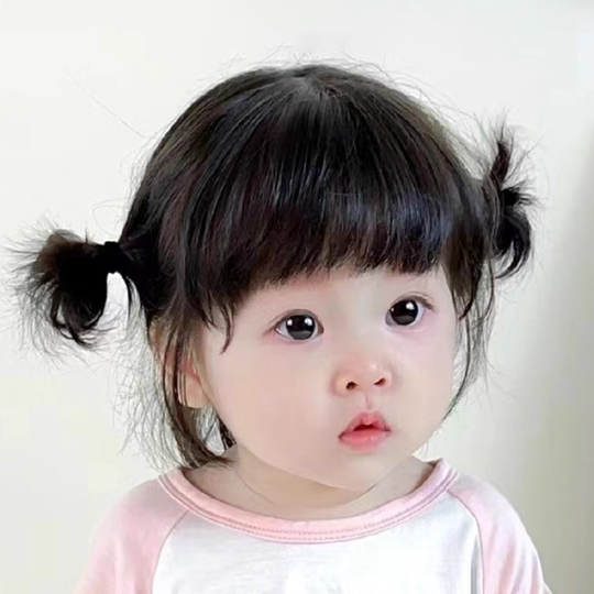 Children's Double Ball Head Wig for Women with Short Hair, Sweet and Cute Baby Hairstyle, Daily Breathable Air Bangs Full Headgear