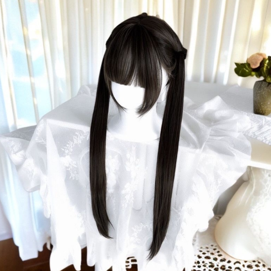 Lolita Style Long Hair Wig for Women, Sweet and Natural Double Ponytails, Everyday Black Long Straight Hair, Jk Age-Reducing Full Head Wig