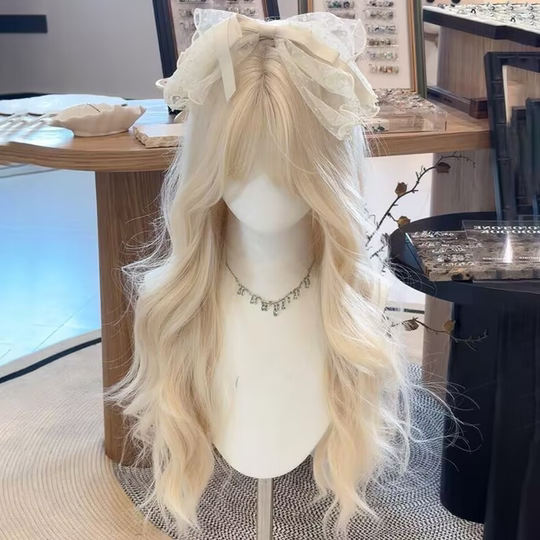 Off-White Wig for Women, Long Hair, Lolita Style, Sweet and Natural, Large Wavy Long Curly Hair, Everyday Air Bangs, Full Head Wig