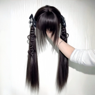Cute Young Girl Wig, Long Hair, Lolita Style, Sweet and Natural, Double Ponytails, Japanese Style, Straight Black Full Wig