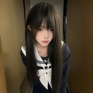 Korean Style Fashion Wig for Women, Long Hair, Lolita Sweet Natural Everyday Air Bangs, Black Long Straight Full Head Wig