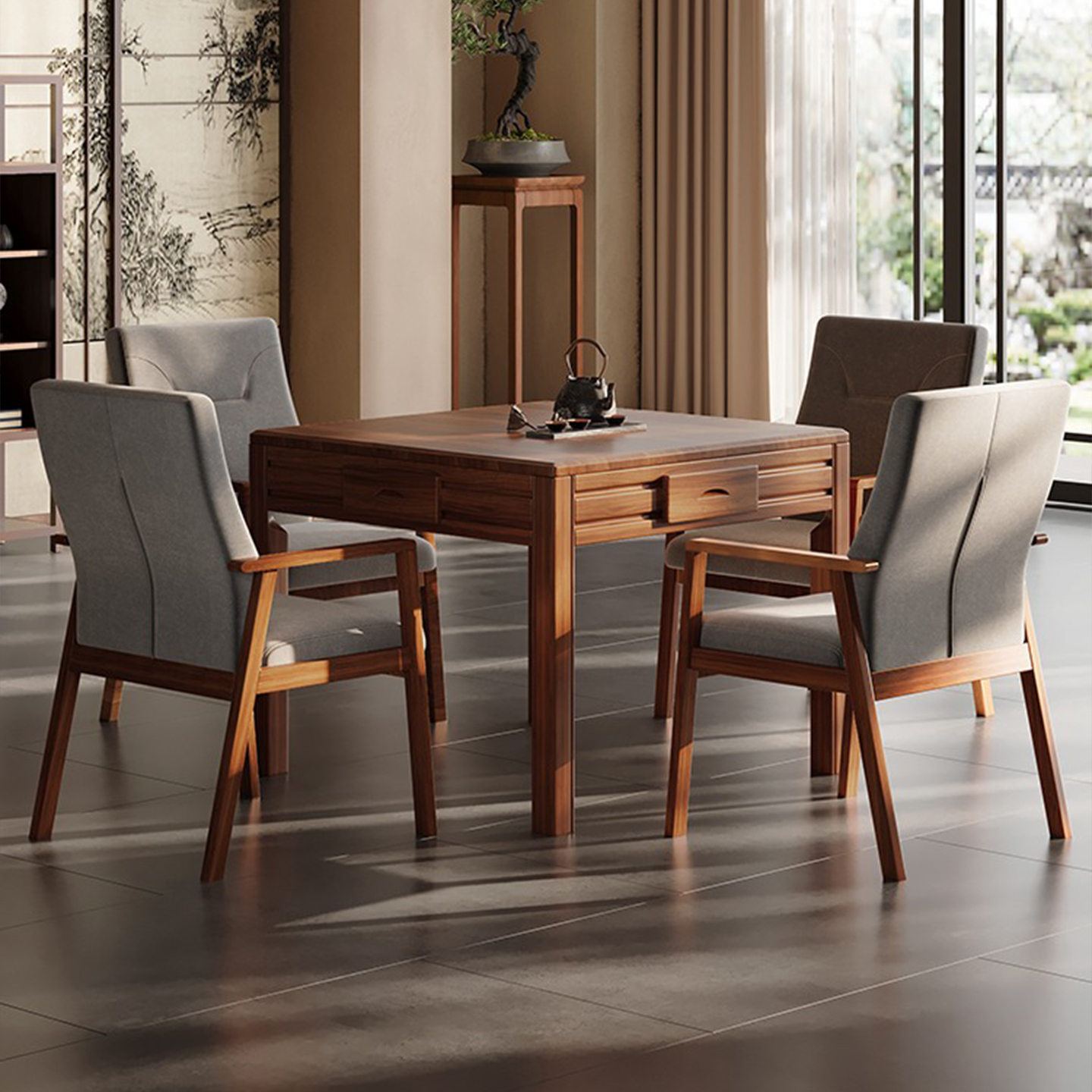 江蒙新中国風木製麻雀機全自動家庭用ベース麻雀ダイニングテーブルデュアルユースマシン麻雀