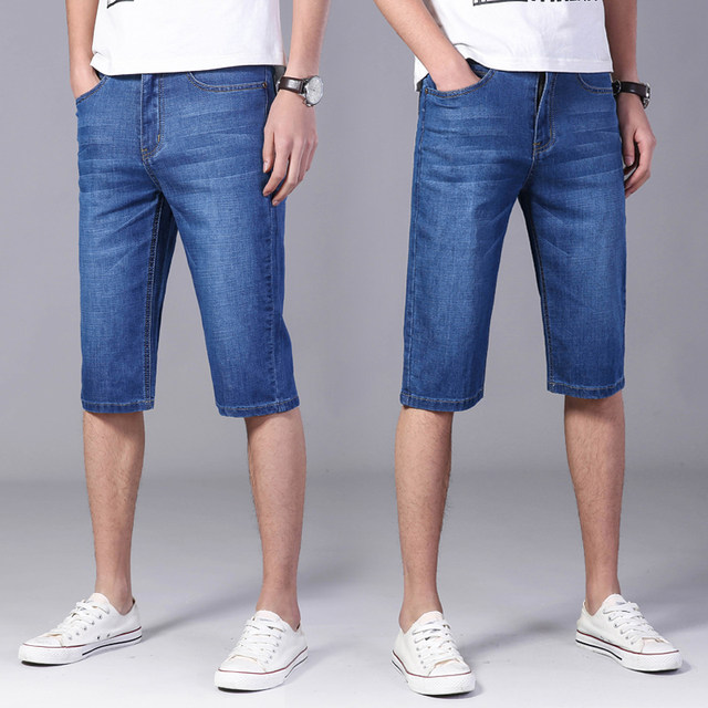 Stretch summer thin denim shorts men's three-quarter breeches casual five-quarter pants men's loose straight pants trendy