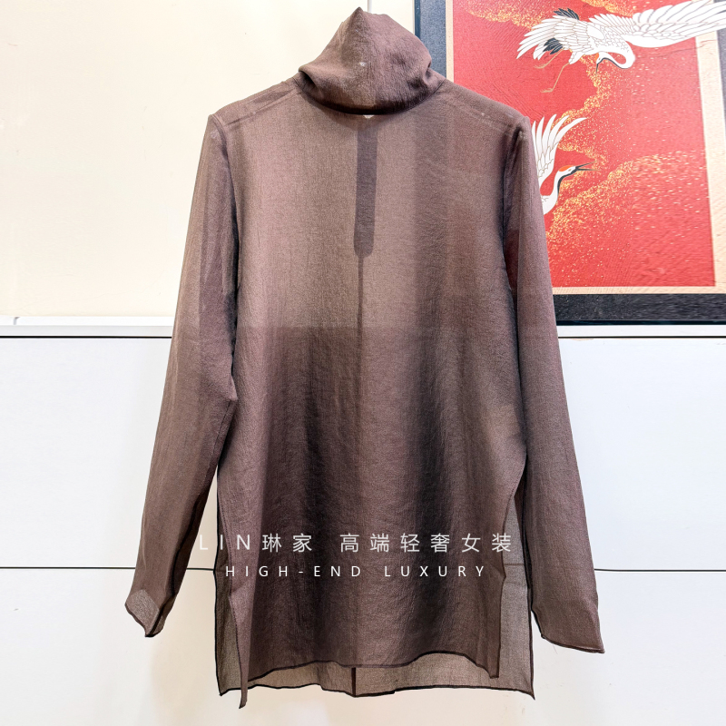N Brand! High-Neck Rayon Shirt for Women, Mid-Length, Lightweight Cover-Up, Inner Layer, Slit Long-Sleeve Sheer Top