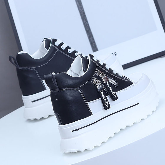 松糕鞋女厚底内增高8cm小白鞋侧拉链休闲运动鞋系带坡跟女单鞋