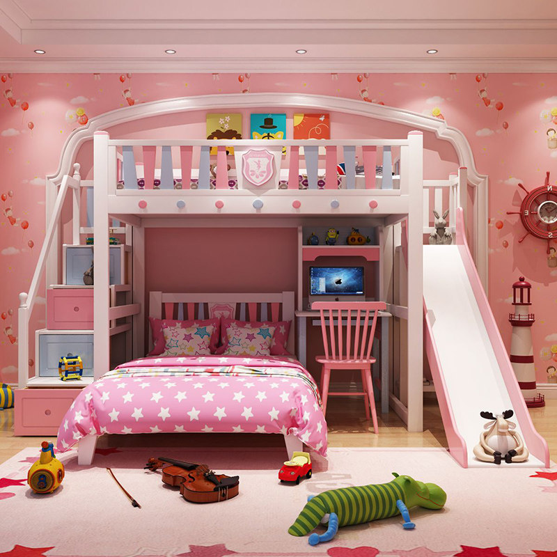 Solid wood high and low double bed with desk bed staggered upper and lower bed Small apartment type High bed with wardrobe Upper bed lower cabinet