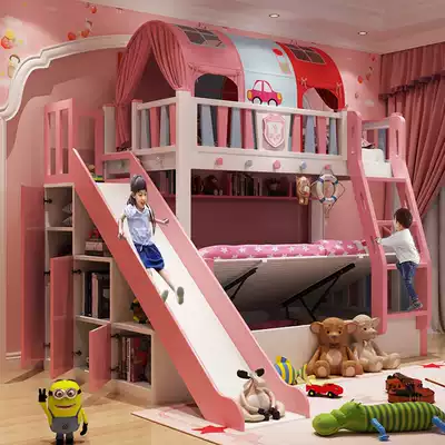 Full solid wood two-layer children's double bed Double bed High and low mother and child bed Bunk bed Girl princess castle mother and child bed