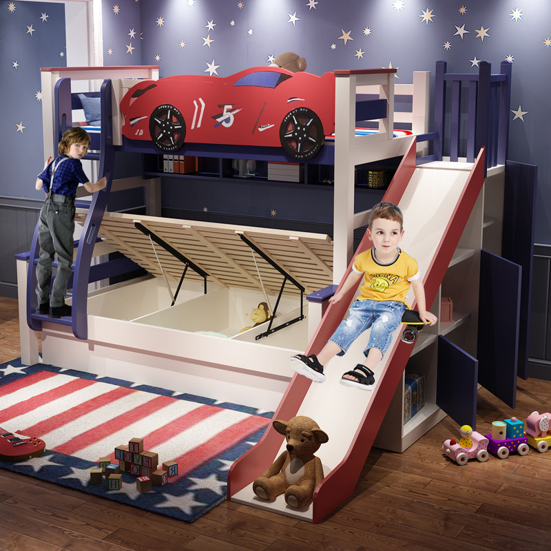 All solid wood children's bed Bunk bed Double bed High and low mother and child bed Mother and child bed Car bed bunk bed Slide boy