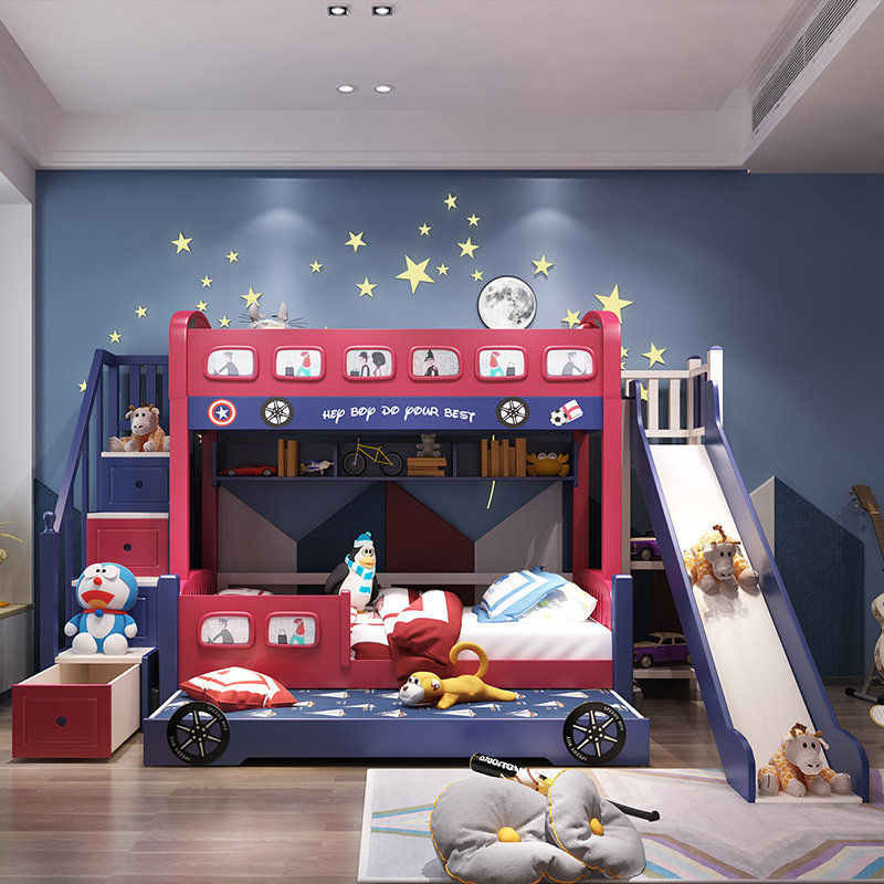 Full solid wood Two-layer children's bed Upper and lower bed Upper and lower bunk Wooden bed Double bed High and low bed Mother bed Bus bed slide