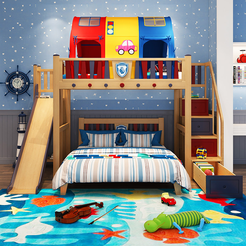 Solid wood upper bed lower table dislocation type upper and lower bed low and low bed small family type combined multifunctional upper bed lower empty