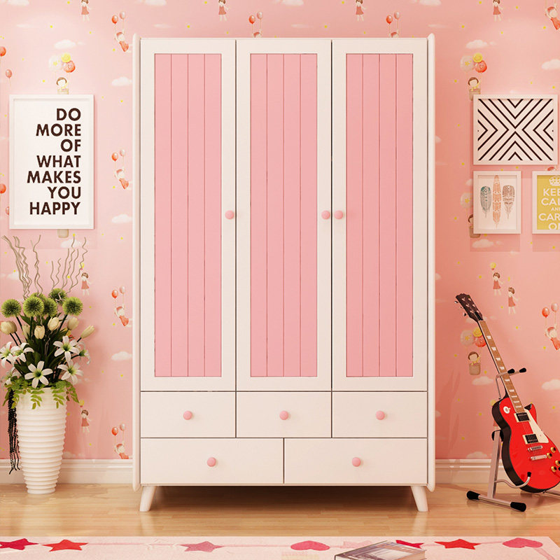 Solid wood American modern wardrobe two doors three doors push-pull storage cabinet Children's wardrobe storage cabinet with pumping adult pink