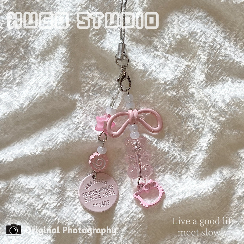 HUGO Instagram Girly Pink Bow Bear KT Pendant Phone Chain Beaded Bag Charm Phone Strap