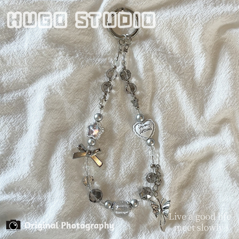 HUGO Premium Silver-Gray Beaded Phone Chain/Camera Charm/Phone Case/Language - Sweet, Cool, and Spicy Style