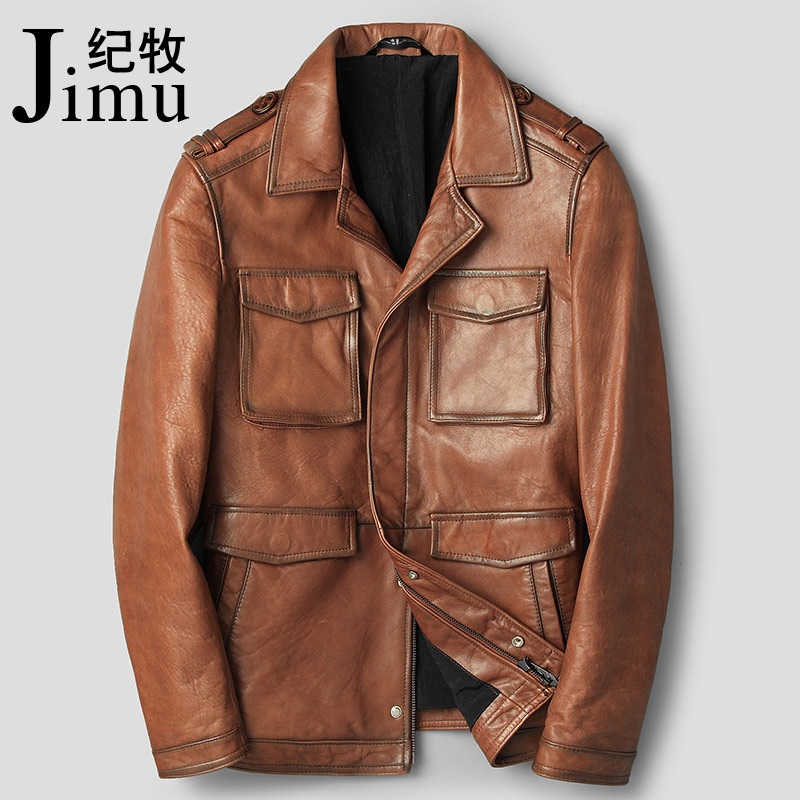 Clear Barn Tooling Henning Genuine Leather Leather Clothing Men's Sheep Leather Hunting short section Body Flap Leather Jacket Retro Tide