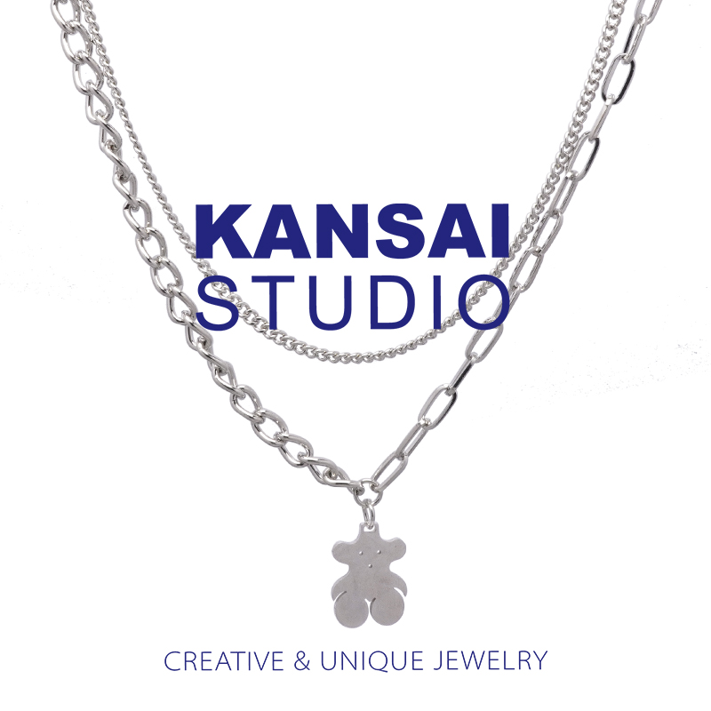 KANSAI titanium steel splicing double-layer bear stacked necklace personality street ins cold climate cool clavicle chain tide